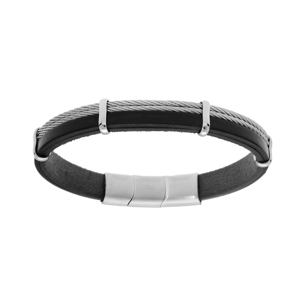 Bracelet en acier et cuir noir avec 2 c�bles gris et double fermoir 20+1cm - Vue 1