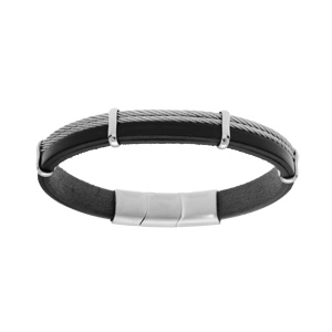 Bracelet en acier et cuir noir avec 2 cbles gris et double fermoir 20+1cm - Vue 1