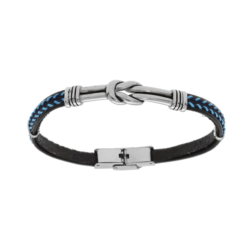 Bracelet en acier et cuir noir avec couture bleu et motif noeud patin� 20cm r�glable - Vue 1