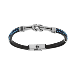 Bracelet en acier et cuir noir avec couture bleu et motif noeud patin 20cm rglable - Vue 1