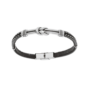 Bracelet en acier et cuir noir avec couture grise et motif noeud patiné 20cm réglable - Vue 1