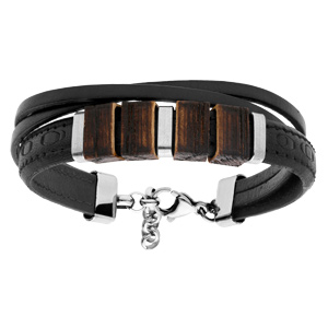 Bracelet en acier et cuir noir avec éléments bois 19+3cm - Vue 1