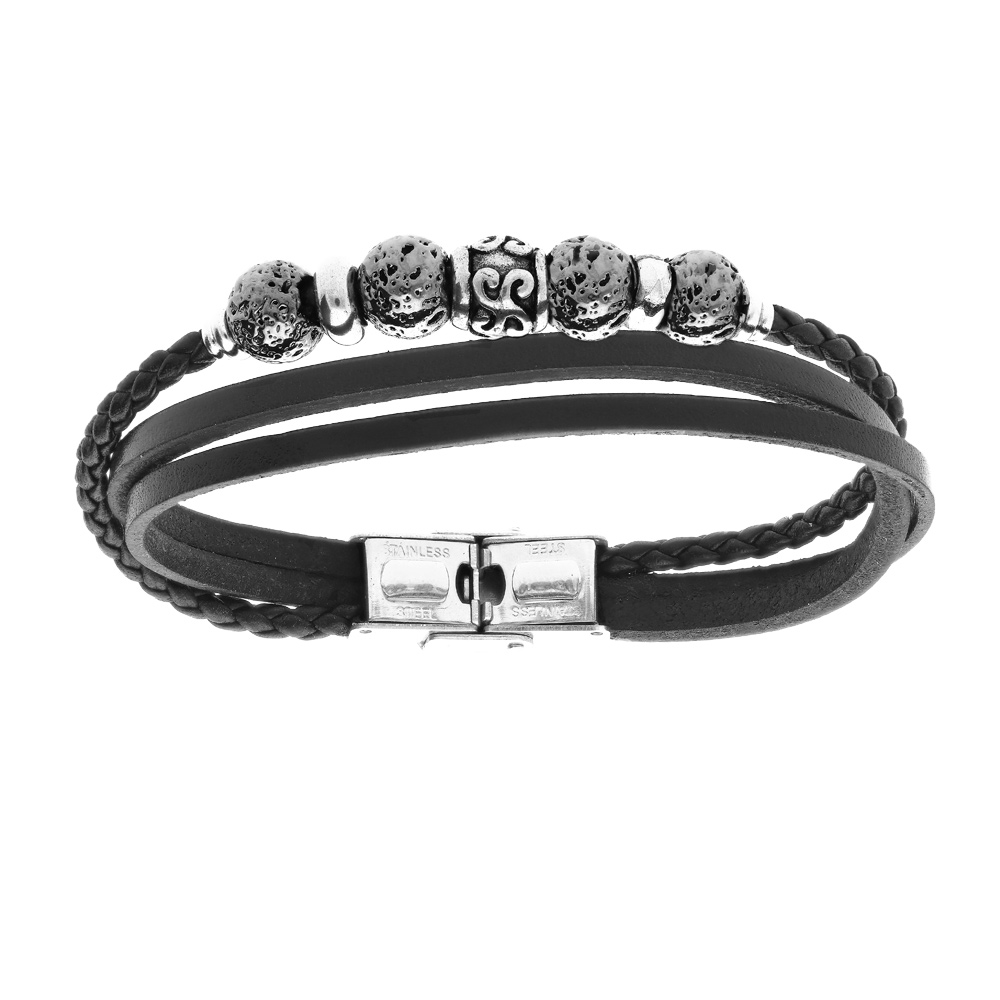 Bracelet en acier et cuir noir avec perles de Pierre de lave 20cm r�glable - Vue 1