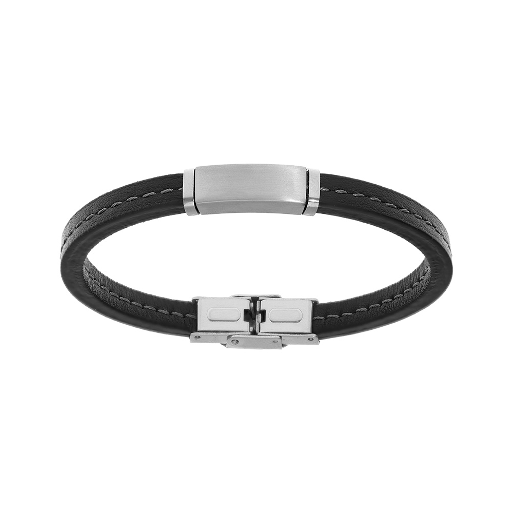 Bracelet en acier et cuir noir avec plaque � graver 20cm r�glable - Vue 1