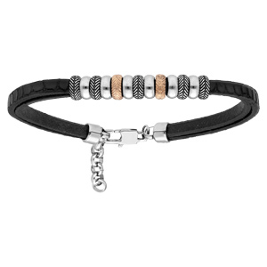 Bracelet en acier et cuir noir avec rondelles acier et PVD rose 21+2cm - Vue 1