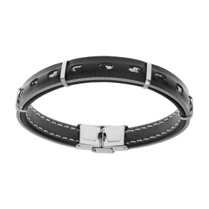 Bracelet en acier et cuir noir avec tranche gris avec cordon 21cm rglable - Vue 1