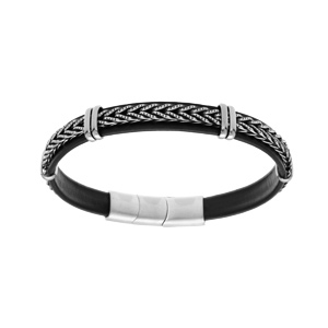 Bracelet en acier et cuir noir avec tresse et double fermoir 19.5+1.5cm - Vue 1