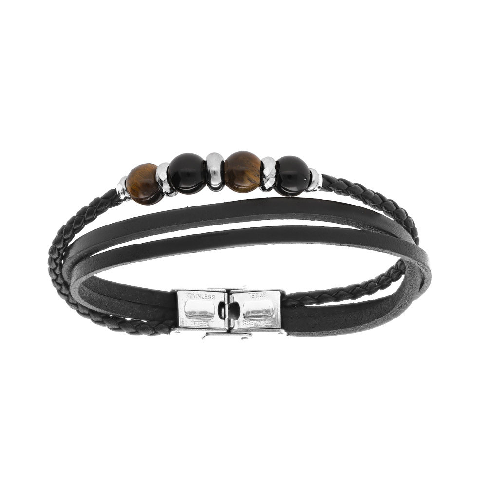 Bracelet en acier et cuir noir 3 bracelets avec perles imitation Oeil de Tigre et boules noires 21cm r�glable - Vue 1