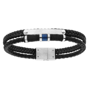 Bracelet en acier et cuir noir 2 bracelets avec plaque et perles doration  19,5cm - Vue 1