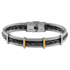 Bracelet en acier et cuir noir 2 câble gris et 1 brin en cuir noir tressé alternés avec 4 barrettes dont 2 en or - Vue 1