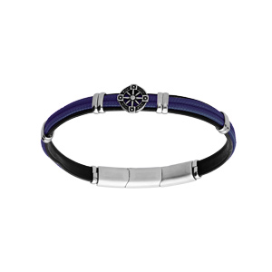 Bracelet en acier et cuir noir, cordon bleu et pastille motif roue 20+1cm double fermoir - Vue 1