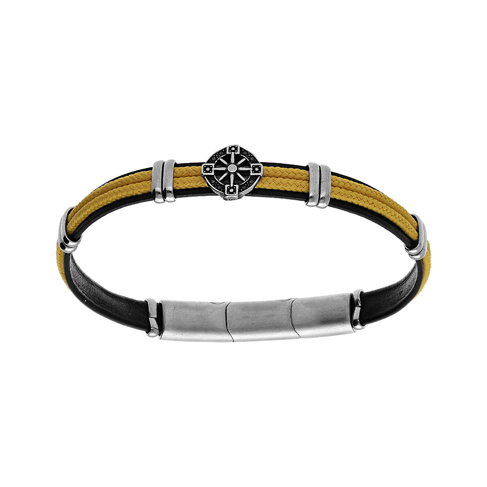 Bracelet en acier et cuir noir, cordon jaune et pastille motif roue 20+1cm double fermoir - Vue 1