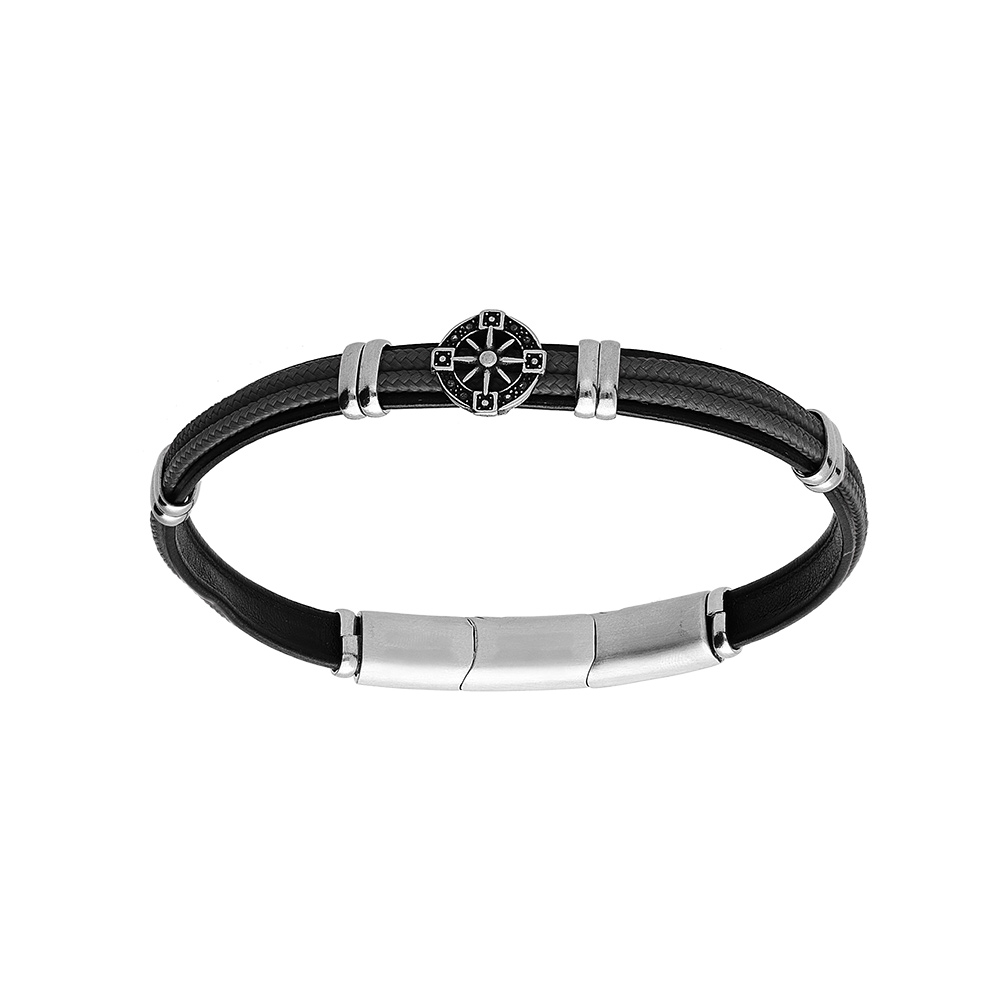 Bracelet en acier et cuir noir, cordon noir et pastille motif roue 20+1cm double fermoir - Vue 1
