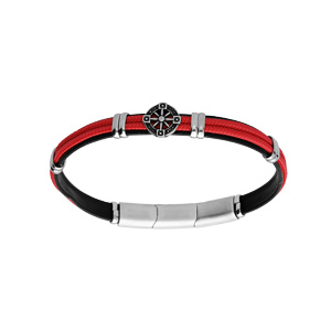 Bracelet en acier et cuir noir, cordon rouge et pastille motif roue 20+1cm double fermoir - Vue 1