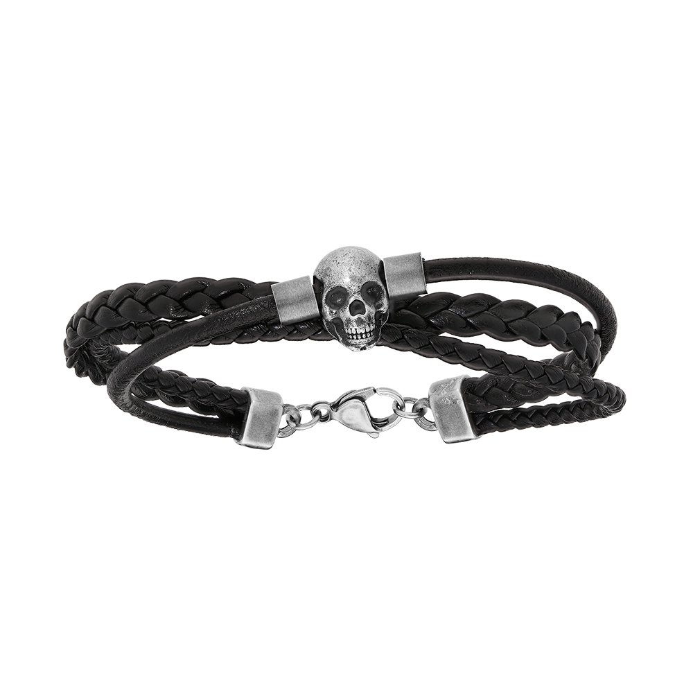 Bracelet en acier et cuir noir cordon tresse pu t�te de mort 21cm - Vue 1