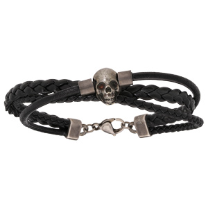 Bracelet en acier et cuir noir cordon tresse pu tte de mort 21cm - Vue 1