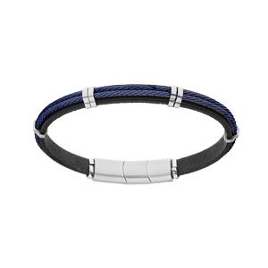 Bracelet en acier et cuir noir double cble bleu double fermoir aimant - Vue 1