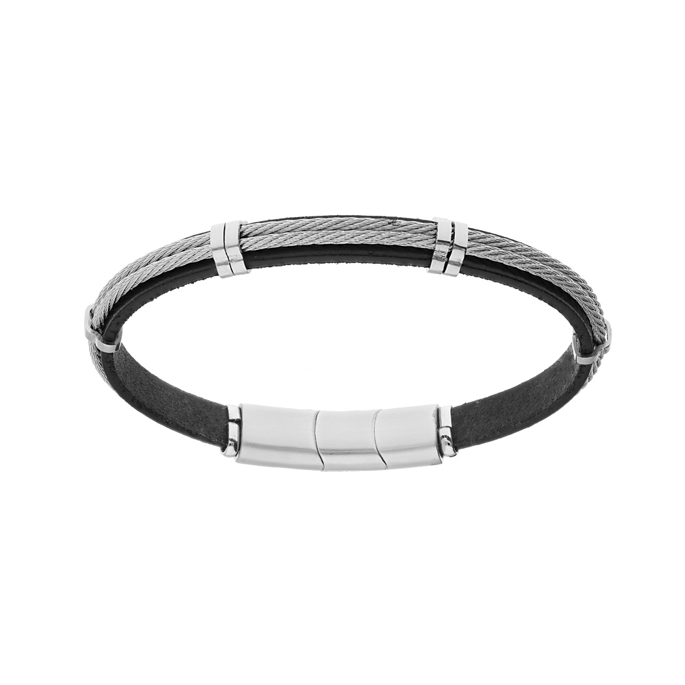 Bracelet en acier et cuir noir double c�ble gris double fermoir aimant� - Vue 1