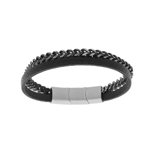 Bracelet en acier et cuir noir en maille gourmette aspect vieilli 20cm +1cm double fermoir - Vue 1