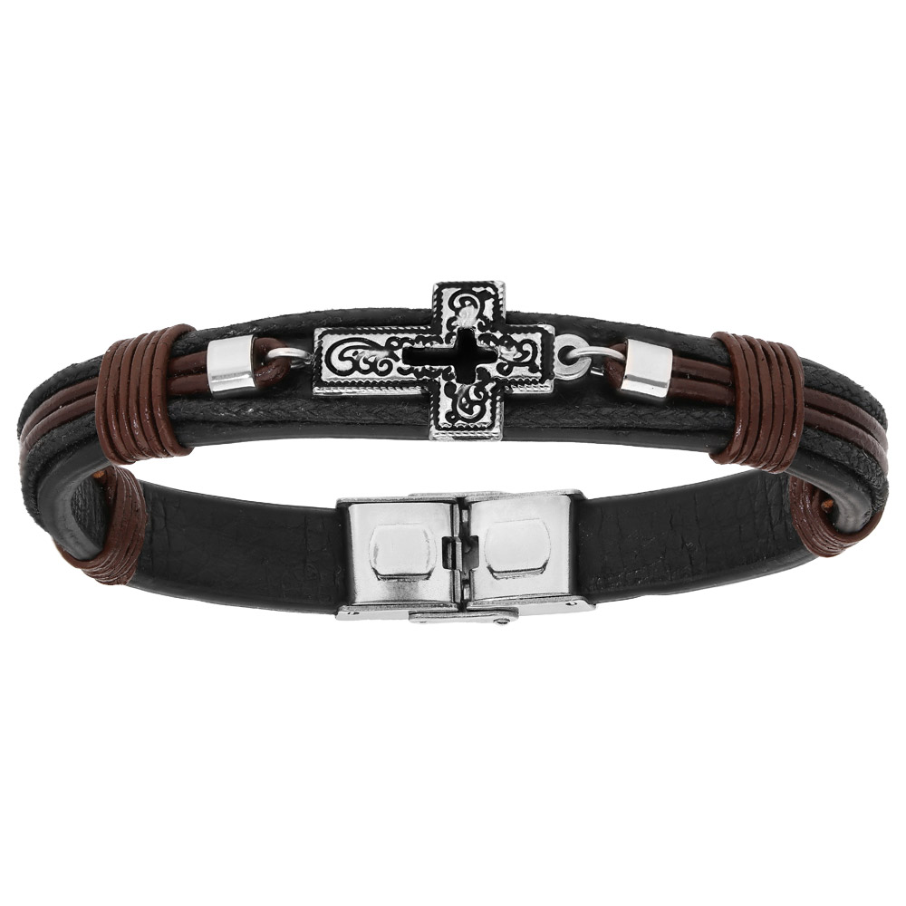 Bracelet en acier et cuir noir et marron avec Croix 20,5cm r�glable - Vue 1