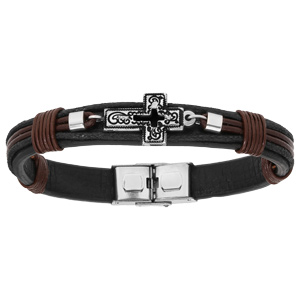 Bracelet en acier et cuir noir et marron avec Croix 20,5cm rglable - Vue 1