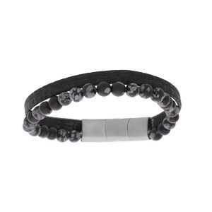 Bracelet en acier et cuir noir et perles en Onyx 6mm 19.5cm + 1cm double fermoir - Vue 1