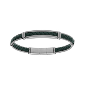 Bracelet en acier et cuir noir et tresse verte avec cble gris 20+1cm double fermoir - Vue 1