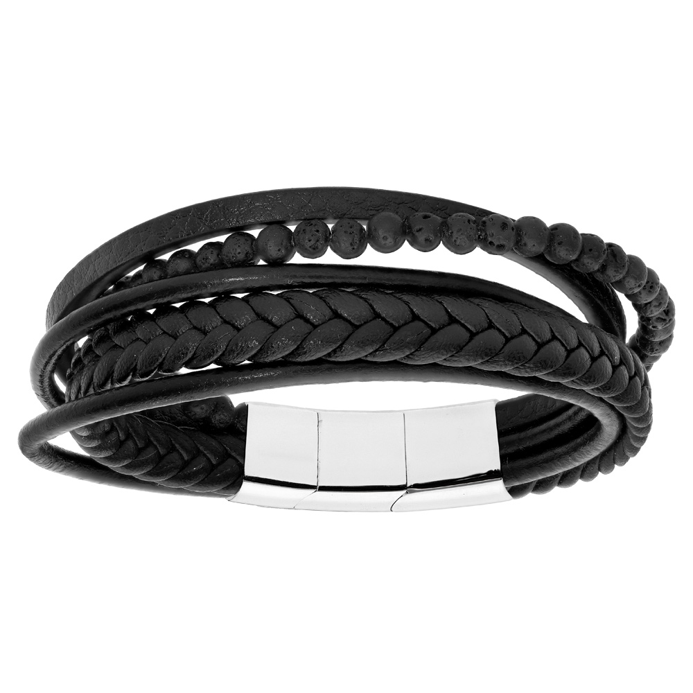 Bracelet en acier et cuir noir lisses et tress�s avec boules pierre de lave double fermoir 20cm - Vue 1