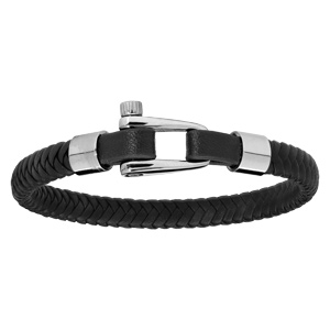 Bracelet en acier et cuir noir- moir viss 20cm - Vue 1