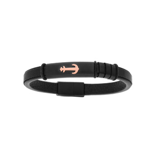 Bracelet en acier et cuir noir motif ancre couleur rose double fermoir 19cm +1cm - Vue 1