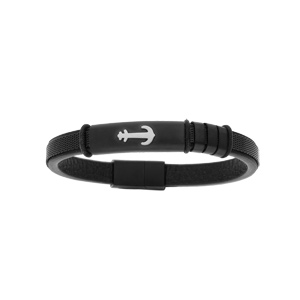 Bracelet en acier et cuir noir motif ancre double fermoir 19cm +1cm - Vue 1