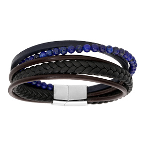 Bracelet en acier et cuir noir multi bracelets avec boules bleues - double fermoir 20cm - Vue 1