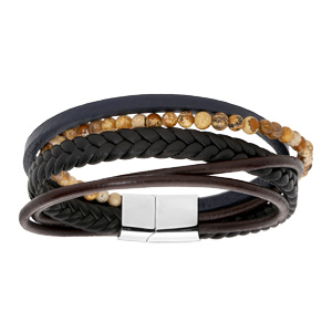 Bracelet en acier et cuir noir multi bracelets avec boules bois - double fermoir 20cm - Vue 1