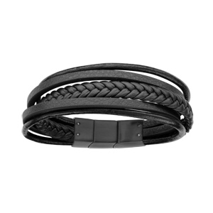 Bracelet en acier et cuir noir multifils double fermoir 23-24cm - Vue 1