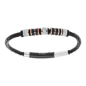 Bracelet en acier et cuir noir perles avec motifs en PVD noir et rose 21,5cm rglable 19cm - Vue 1