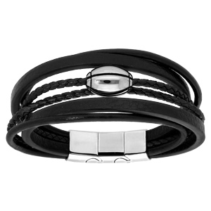 Bracelet en acier et cuir noir plusieurs bracelets et ballon de rugby  graver- double fermoir 21cm rglable 20 - Vue 1