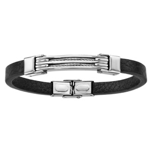 Bracelet en acier et cuir noir 2 rangs cble gris 21cm rglable - Vue 1
