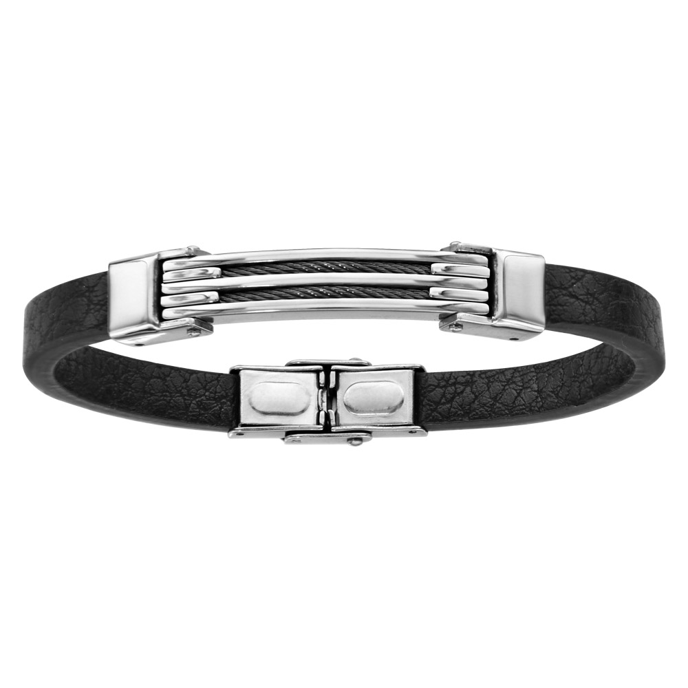 Bracelet en acier et cuir noir 2 rangs c�ble noir 21cm r�glable - Vue 1