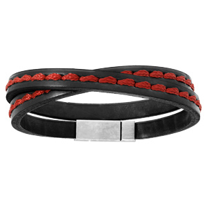 Bracelet en acier et cuir noir 2 rangs couture rouge fermoir aimant - Vue 1