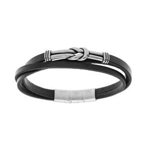 Bracelet en acier et cuir noir 3 rangs motif noeud 19+1cm double fermoir - Vue 1