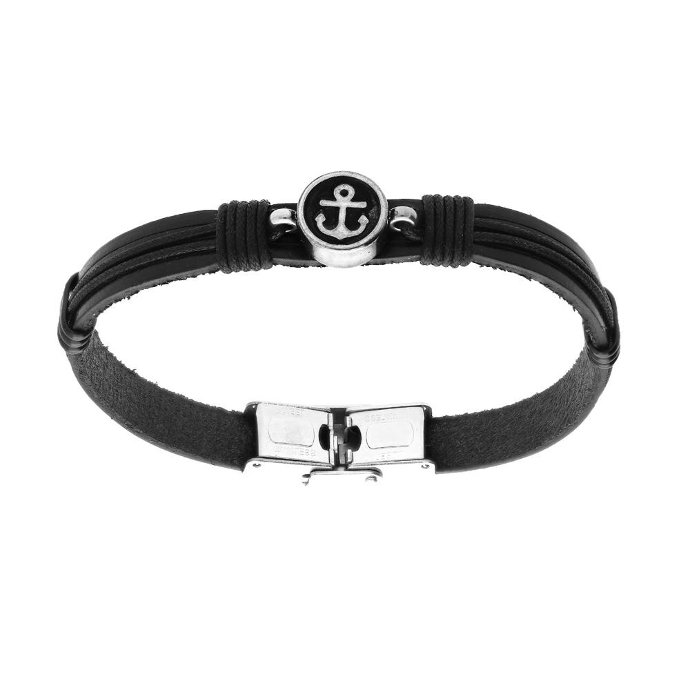 Bracelet en acier et cuir noir rondelle avec ancre marine 20,5cm r�glable - Vue 1