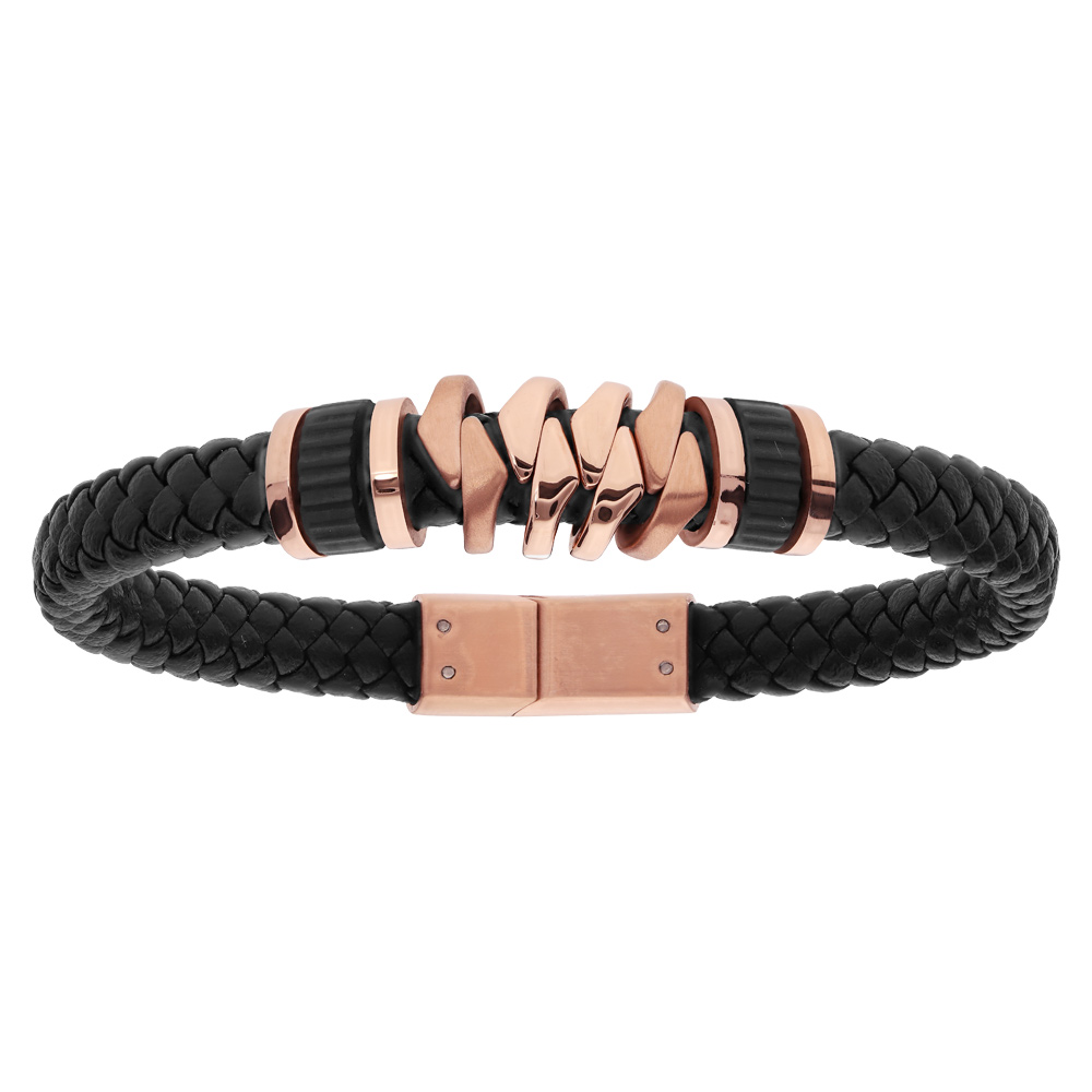 Bracelet en acier et cuir noir tress� et fantaisie dorure rose 20,5cm - Vue 1