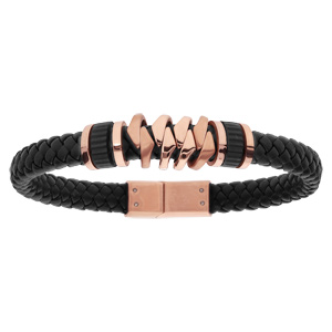 Bracelet en acier et cuir noir tress et fantaisie dorure rose 20,5cm - Vue 1