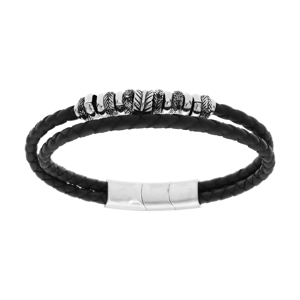 Bracelet en acier et cuir noir tress� 2 rangs avec multi anneaux 19.5+1cm double fermoir - Vue 1