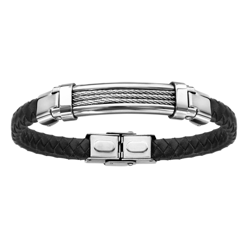 Bracelet en acier et cuir noir tresse 3 rangs c�ble gris 21cm r�glable - Vue 1