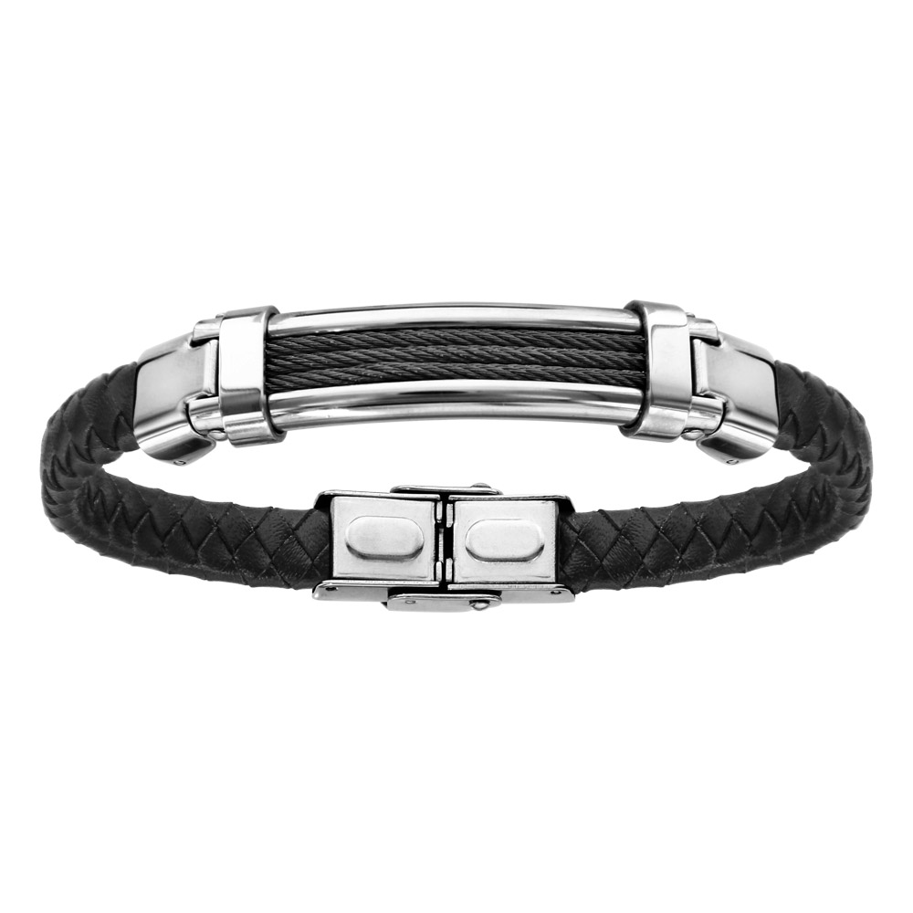 Bracelet en acier et cuir noir tresse 3 rangs c�ble noir 21cm r�glable - Vue 1
