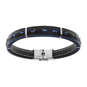 Bracelet en acier et cuir noir vritable avec tranche bleu avec cordon 21cm rglable - Vue 1