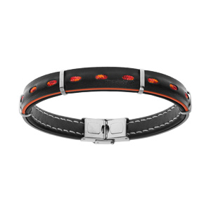 Bracelet en acier et cuir noir vritable avec tranche orange avec cordon 21cm rglable - Vue 1