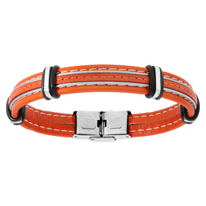 Bracelet en acier et cuir orange avec 2 cbles gris rglable 20cm - Vue 1