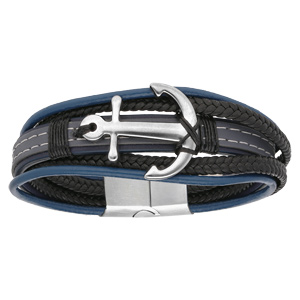 Bracelet en acier et cuir plusieurs rangs bleu noir gris avec ancre 20,5cm - Vue 1